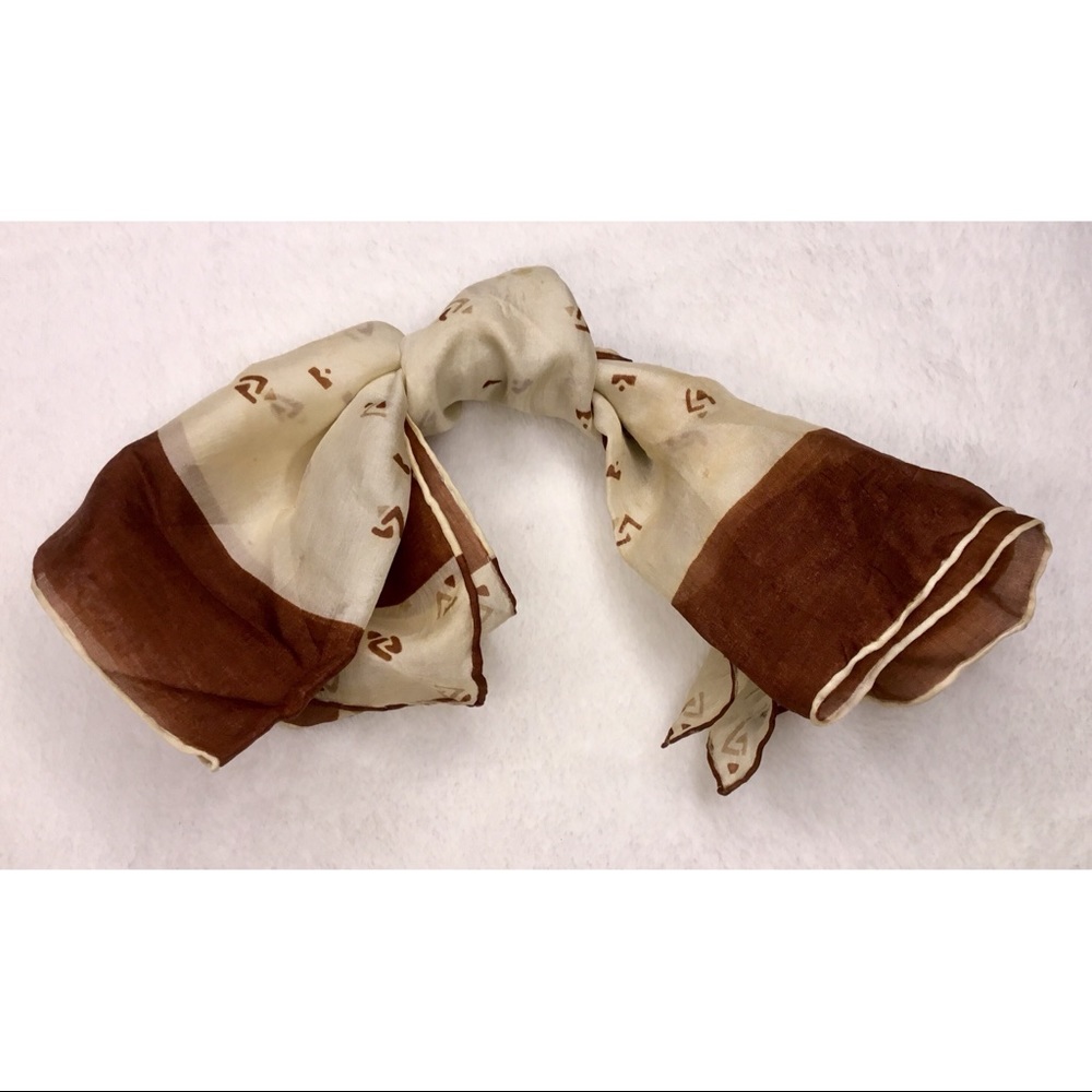 Vintage scarf or handkerchief, cream and brown